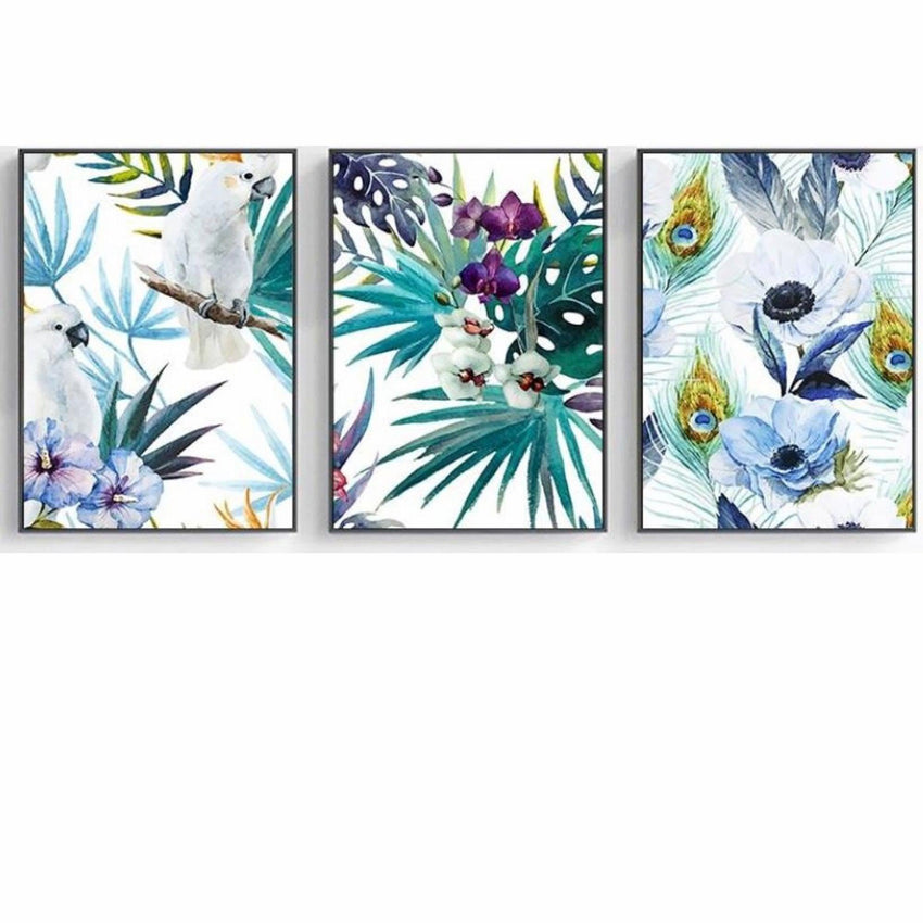 Parrots, Leaves & Flowers in Watercolour Canvas Prints - 3 Pcs Set (60x80cm) - Fansee Australia