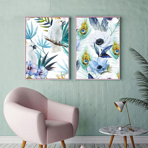 Parrots, Leaves & Flowers in Watercolour Canvas Prints - 3 Pcs Set (60x80cm) - Fansee Australia