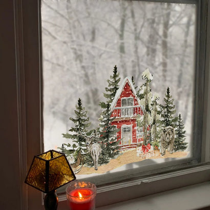Red House & Fir Tree Double-Sided Static Cling Window Film Christmas Sticker - Fansee Australia