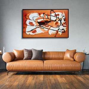Modern living room with tan leather sofa and abstract orange wall art, Fansee Australia decor