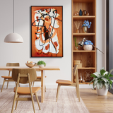 Modern dining room with wood table, abstract orange wall art, and artisan home decor from Fansee Australia