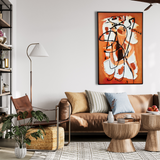 Modern living room with abstract orange wall art, artisan decor, and neutral furniture from Fansee Australia