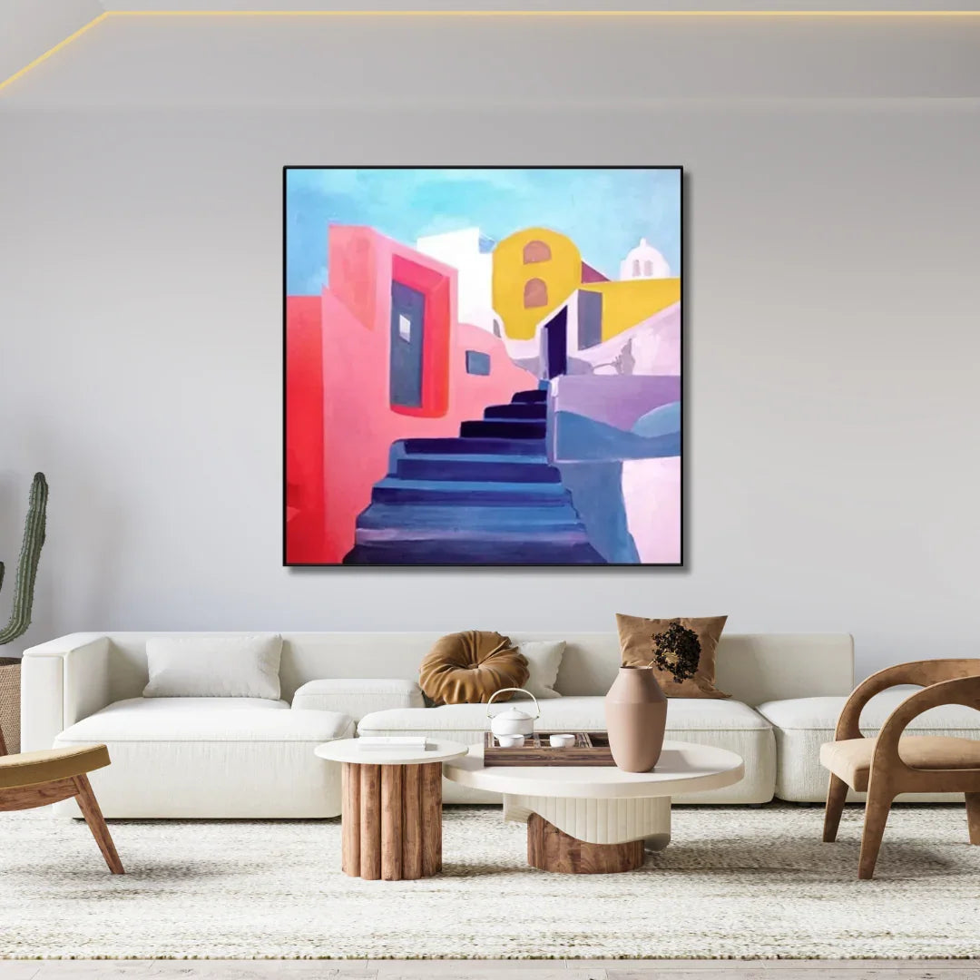 Santorini Rise – Geometric Architecture Framed Wall Art Painting - Fansee Australia