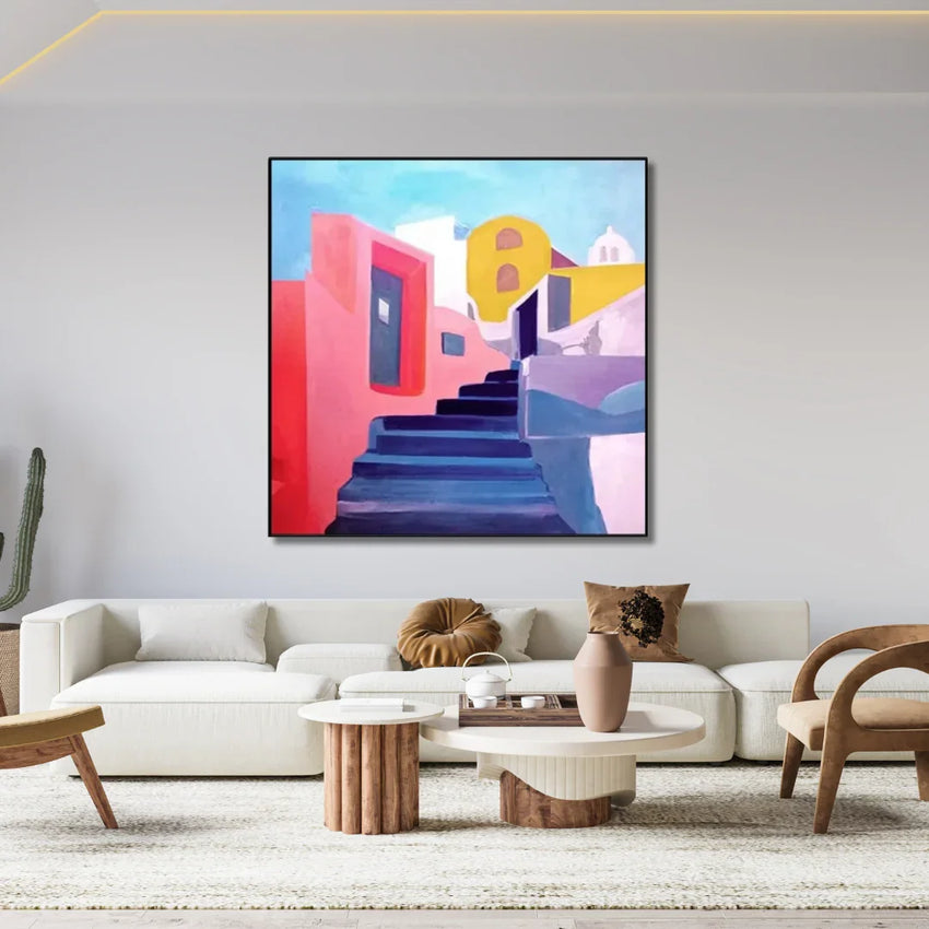 Santorini Rise – Geometric Architecture Framed Wall Art Painting - Fansee Australia