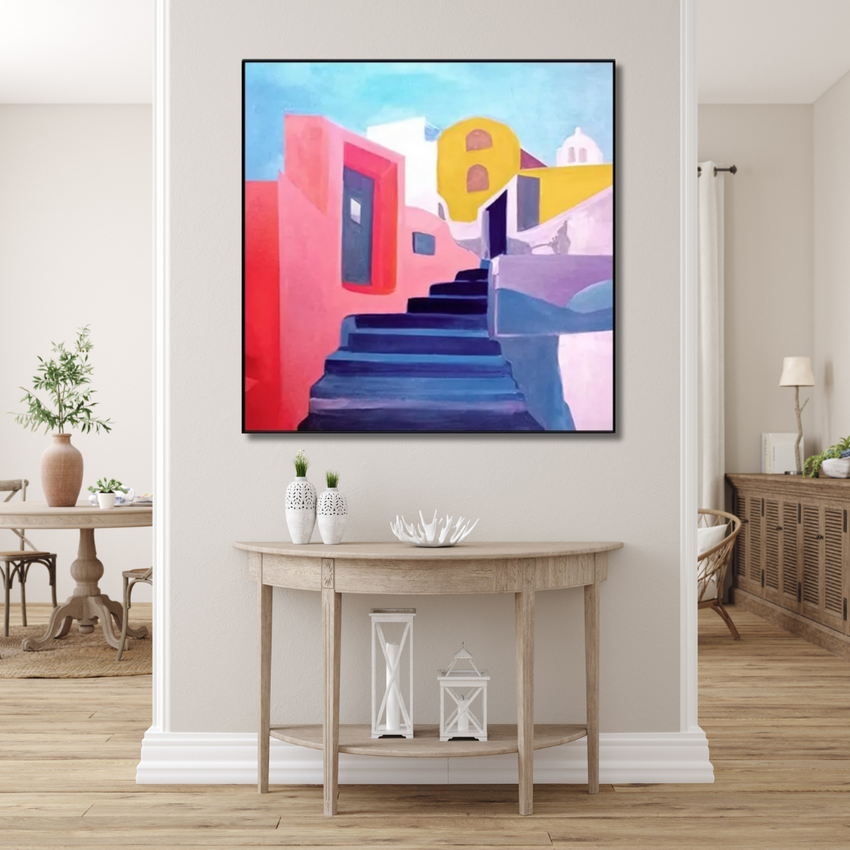 Santorini Rise – Geometric Architecture Framed Wall Art Painting - Fansee Australia