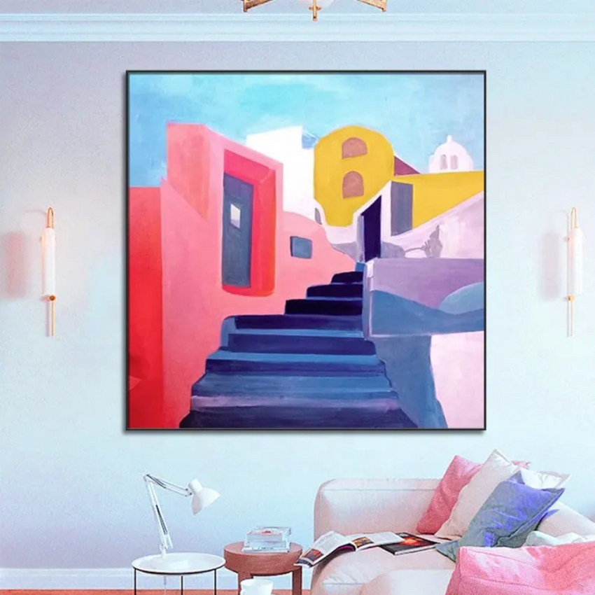 Santorini Rise – Geometric Architecture Framed Wall Art Painting - Fansee Australia