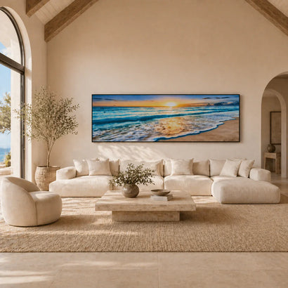 Serene Tide – Panoramic Sunset Beach Wall Print (50x150cm) - Fansee Australia