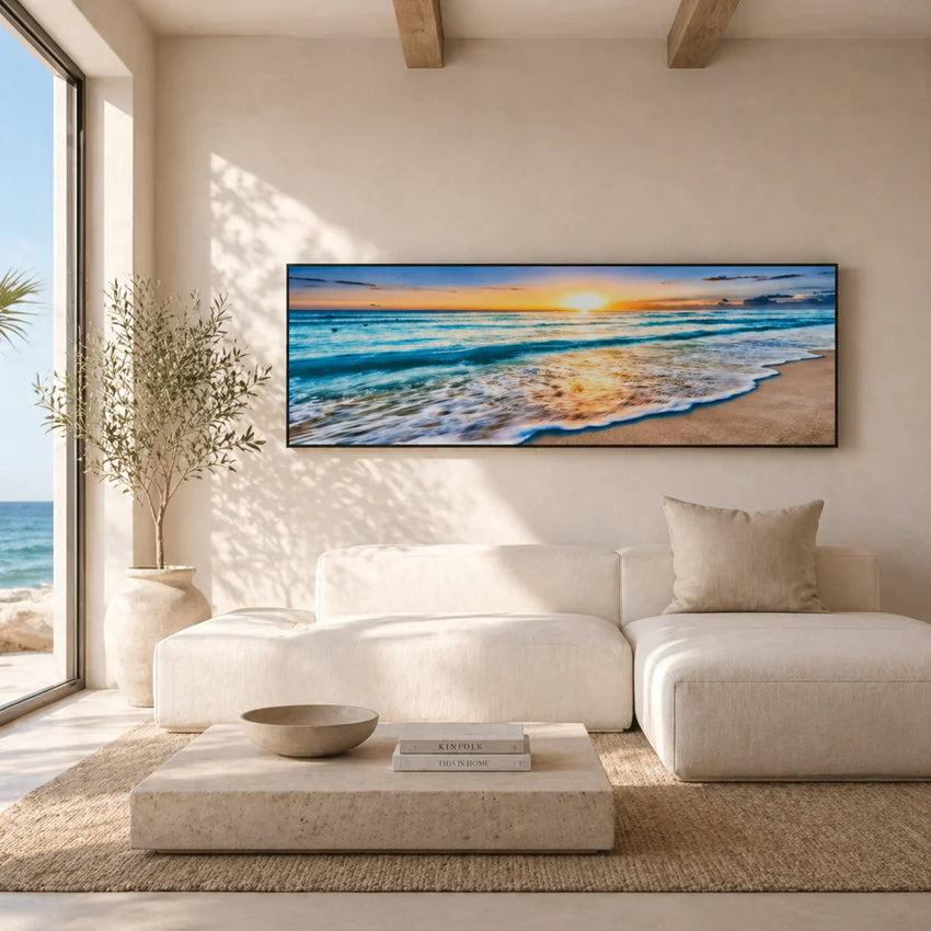 Serene Tide – Panoramic Sunset Beach Wall Print (50x150cm) - Fansee Australia