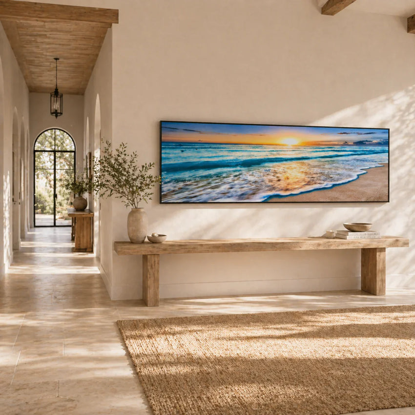 Serene Tide – Panoramic Sunset Beach Wall Print (50x150cm) - Fansee Australia