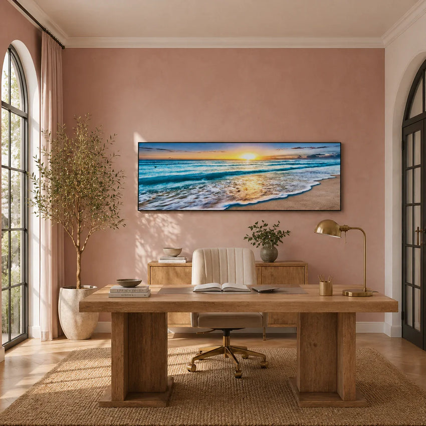 Serene Tide – Panoramic Sunset Beach Wall Print (50x150cm) - Fansee Australia