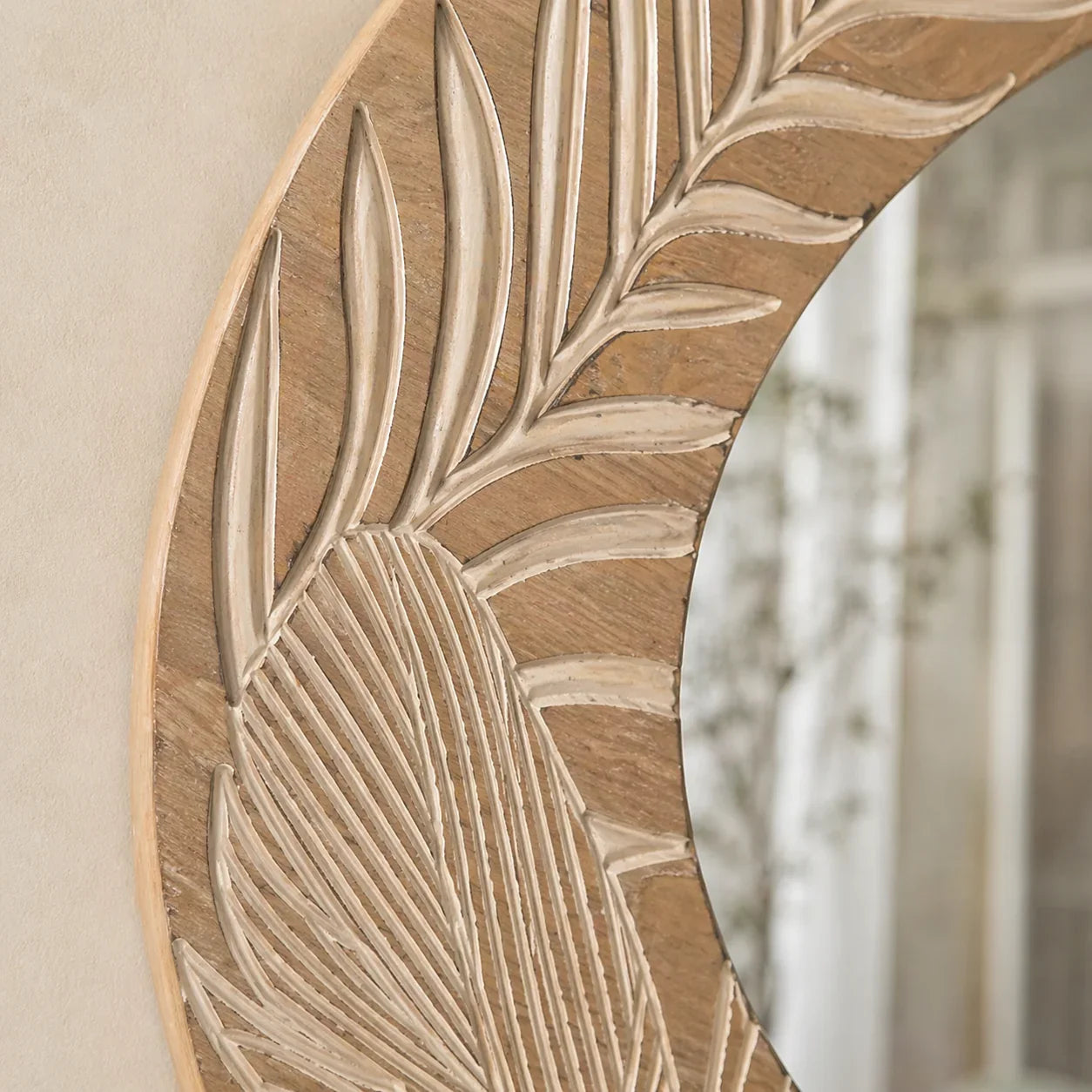 Solstice Carved Wood Round Wall Mirror – Natural Artisan Frame