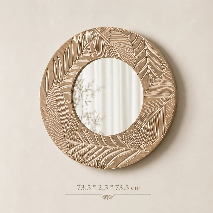 Solstice Carved Wood Round Wall Mirror – Natural Artisan Frame