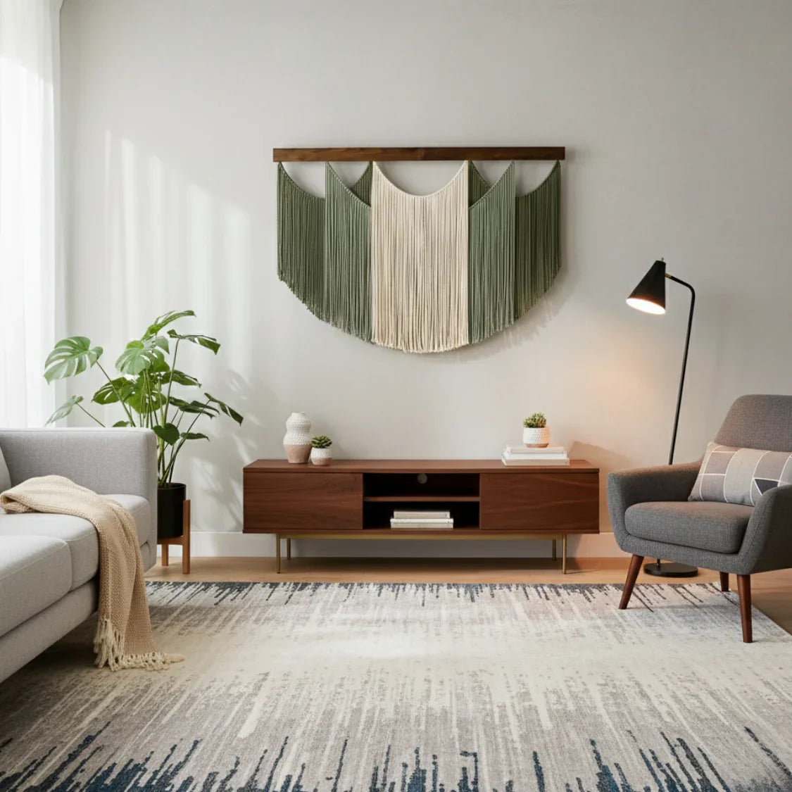 Modern living room with artisan wall hanging, wooden TV stand, grey sofa and armchair, styled decor from Fansee Australia.