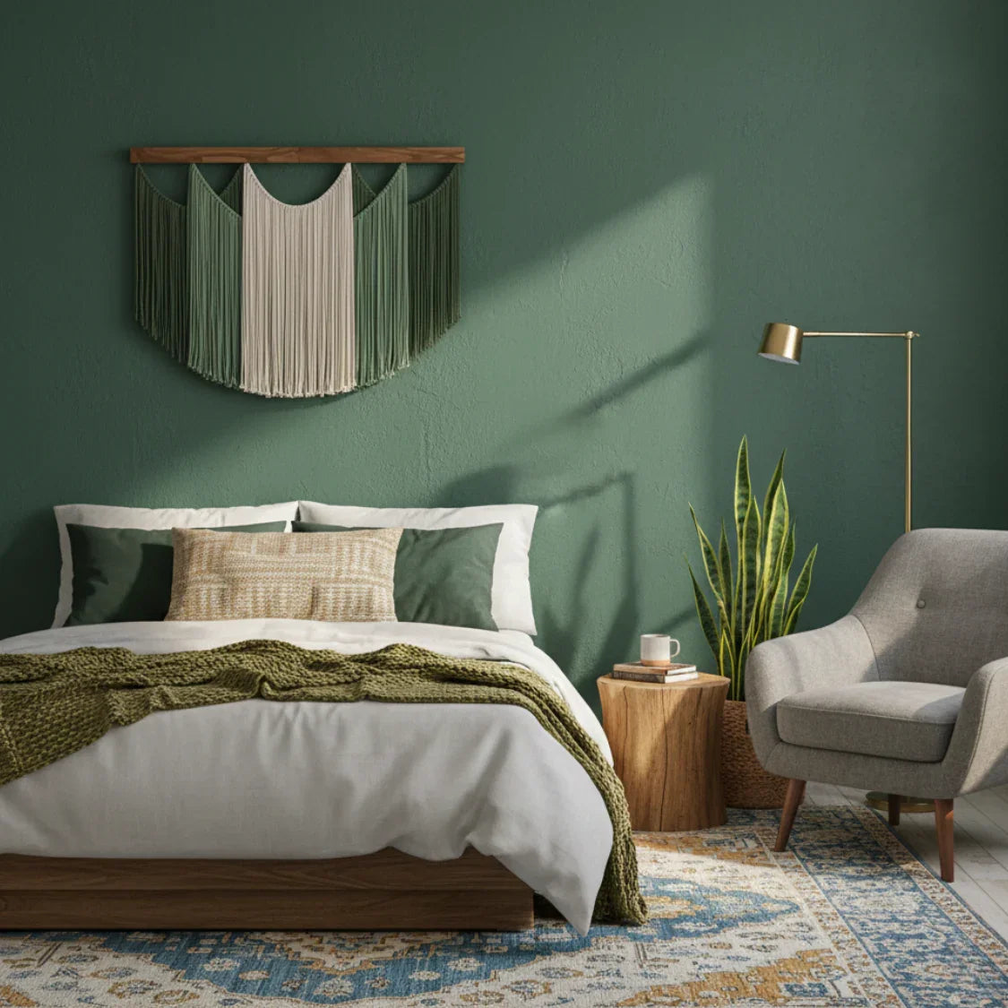 Modern bedroom with green walls, artisan wall art, cozy bed, and accent chair. Fansee Australia decor.