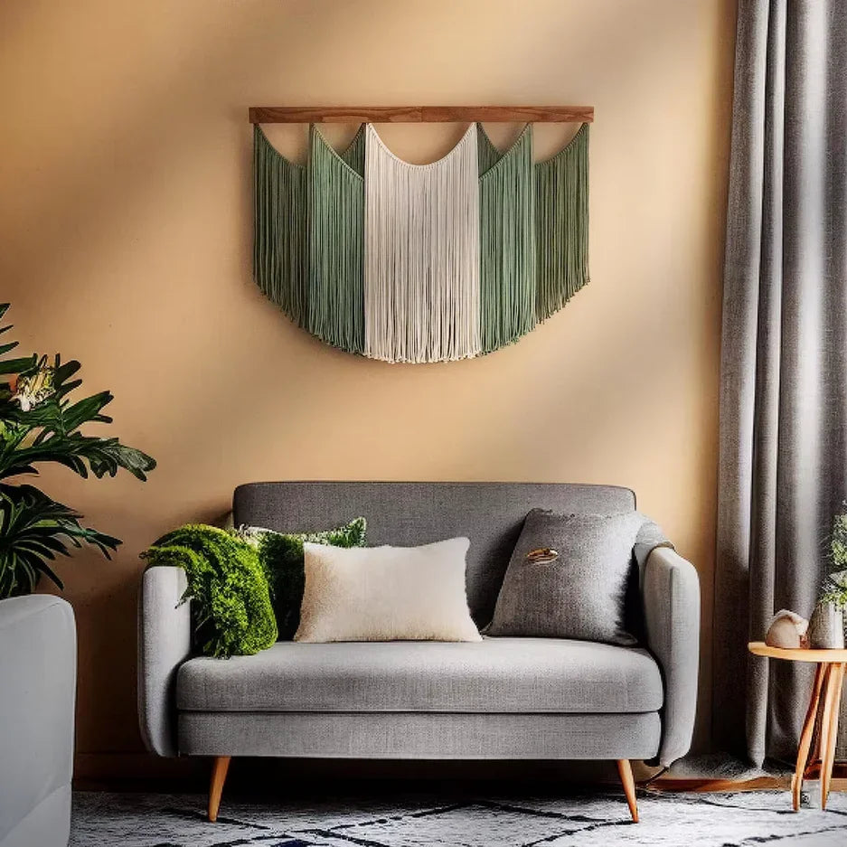 Boho macrame wall hanging in green and white above grey sofa with pillows, modern living room decor