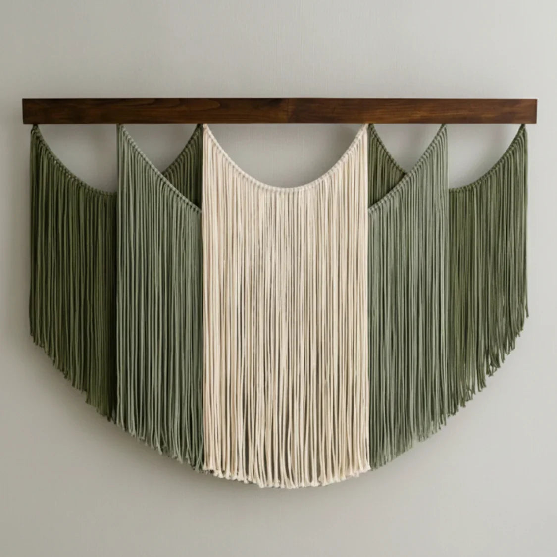 Handcrafted green and cream yarn wall hanging on wood, artisan home decor by Fansee Australia