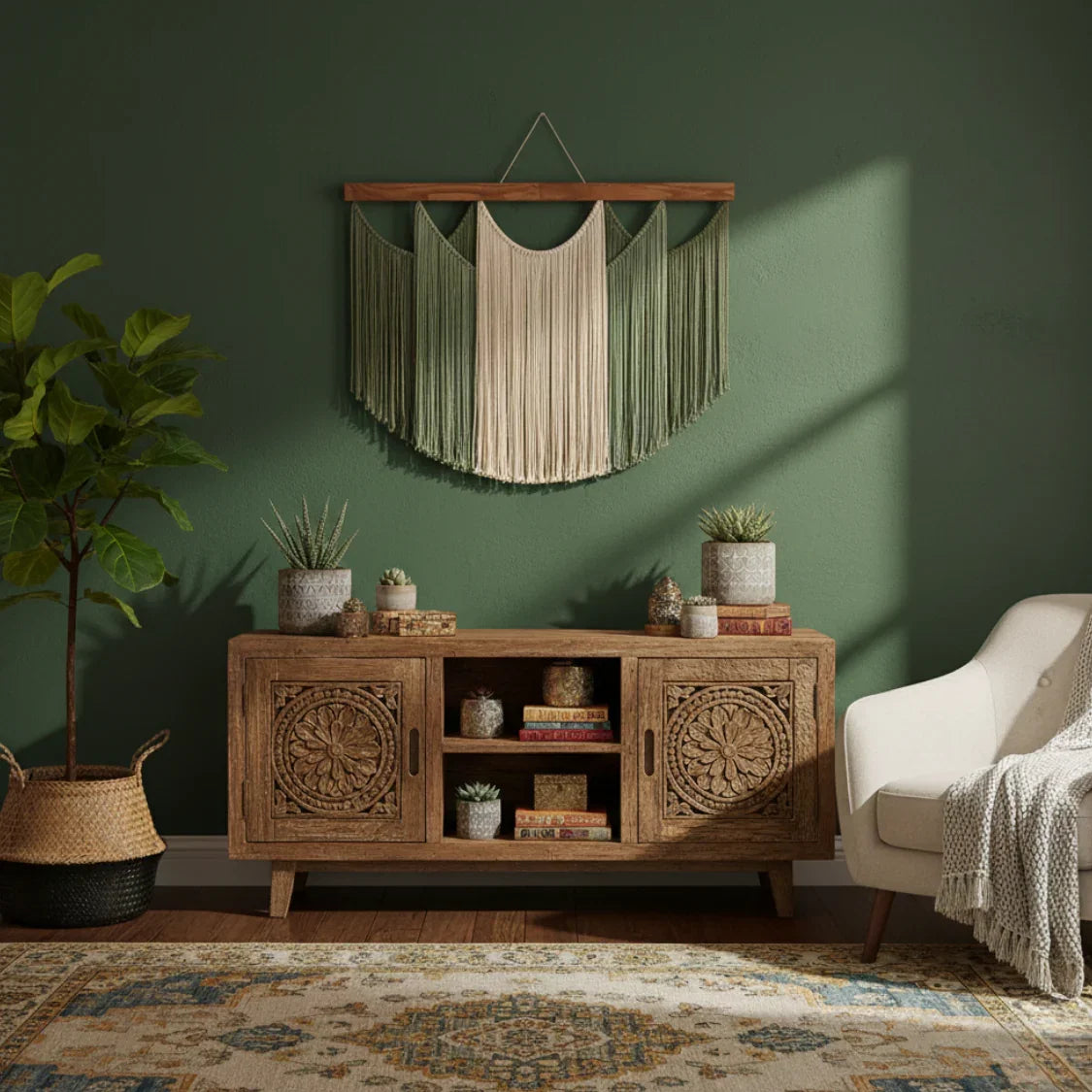 Artisan home decor scene with wooden cabinet, macrame wall art, indoor plants and neutral armchair, Fansee Australia style