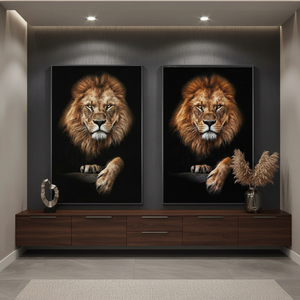 Modern home decor with twin lion art prints, dark wood console, and dried floral arrangement