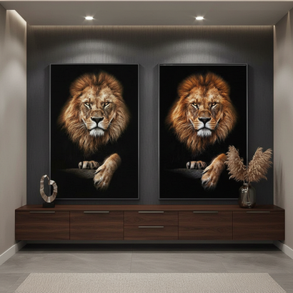 Modern home decor with twin lion art prints, dark wood console, and dried floral arrangement