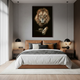 Modern bedroom with brown leather bed, stylish pendant lights, and lion artwork above headboard