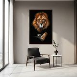 Minimalist living room with modern chair, small table, and large lion wall art decor