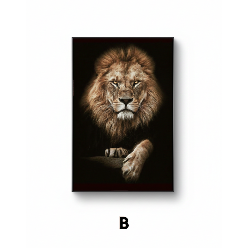 Realistic lion portrait wall art with dark background, option B for home decor