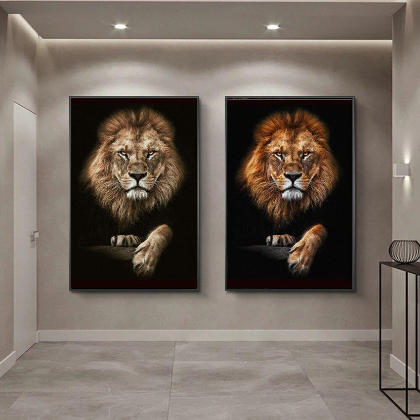 Modern hallway with two large African lion wall art prints, Fansee Australia home decor