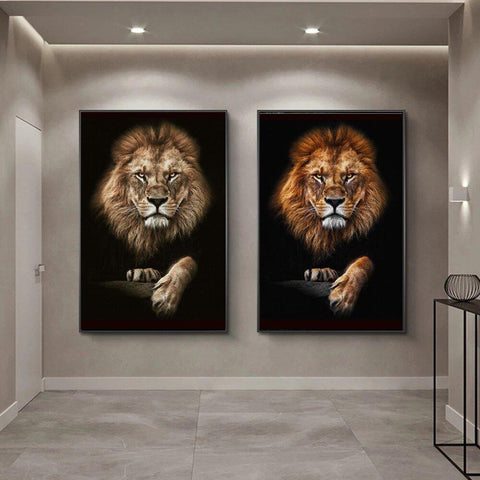 Modern hallway with two large African lion wall art prints, Fansee Australia home decor