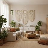Cozy artisan living room with handcrafted decor and houseplants, Fansee Australia style.