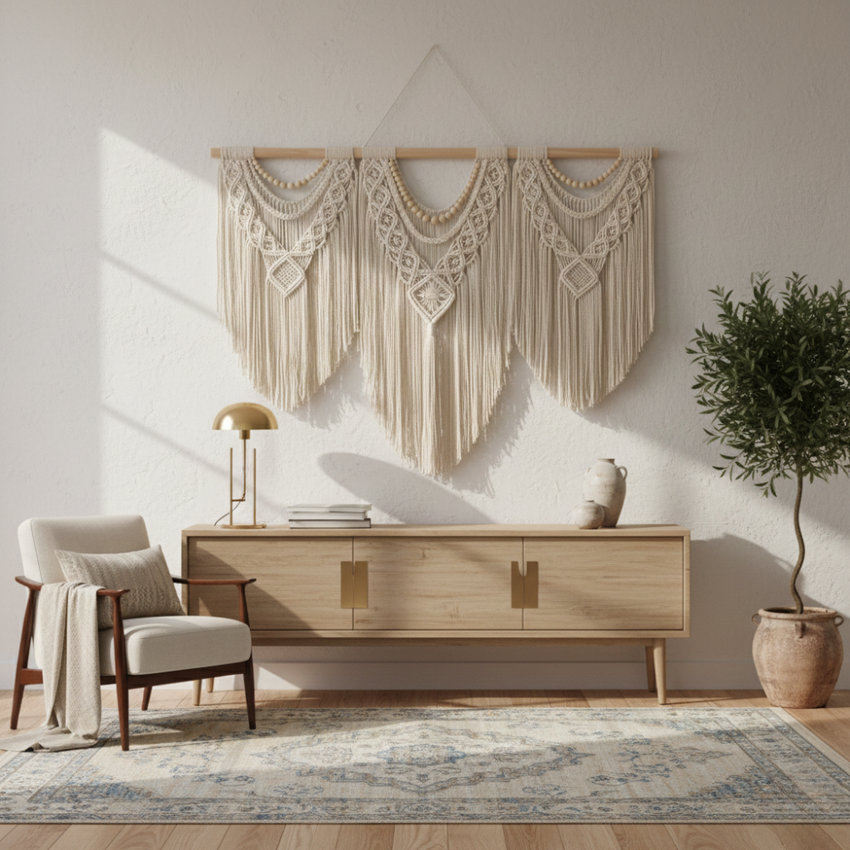 Modern artisan living room with wall macrame, wooden sideboard, and minimalist decor.