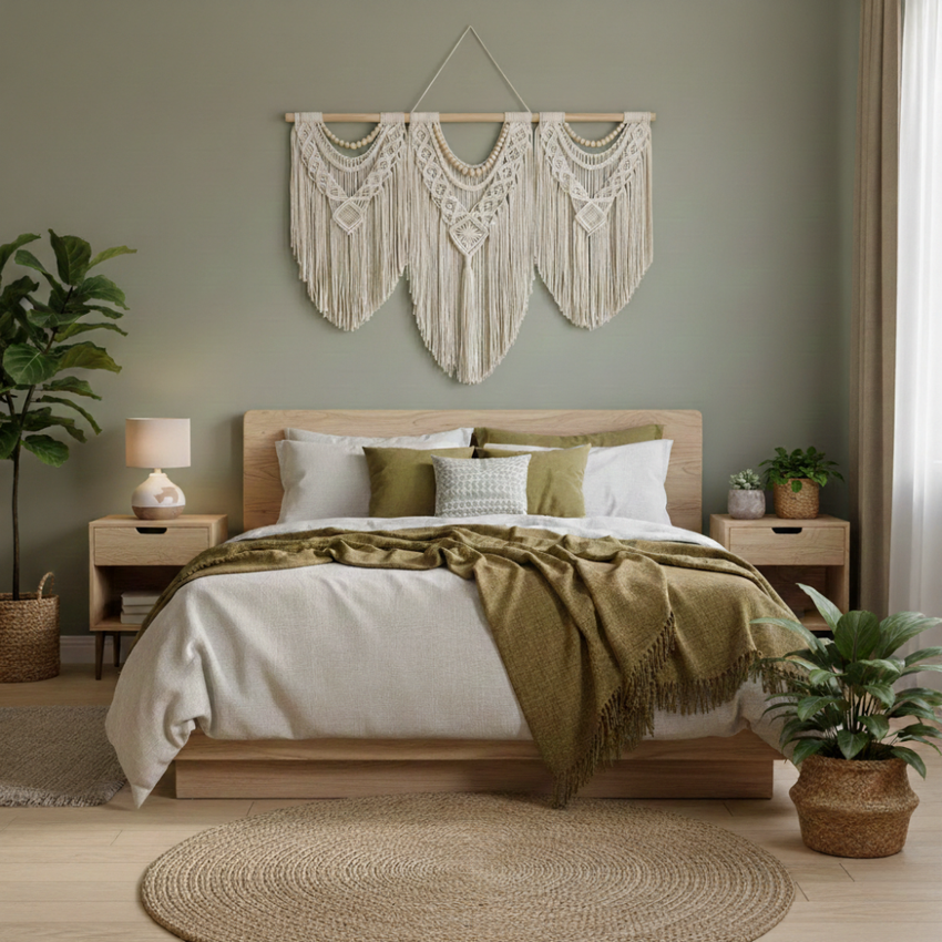 Modern bedroom with artisan home decor, wooden bed, green accents and macrame wall hanging