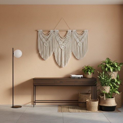 Boho macrame wall hanging, wood console, woven baskets, and indoor plants in modern home decor