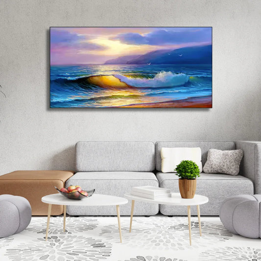 Modern living room with grey sofa, white tables, and colorful ocean wave wall art, Fansee Australia decor
