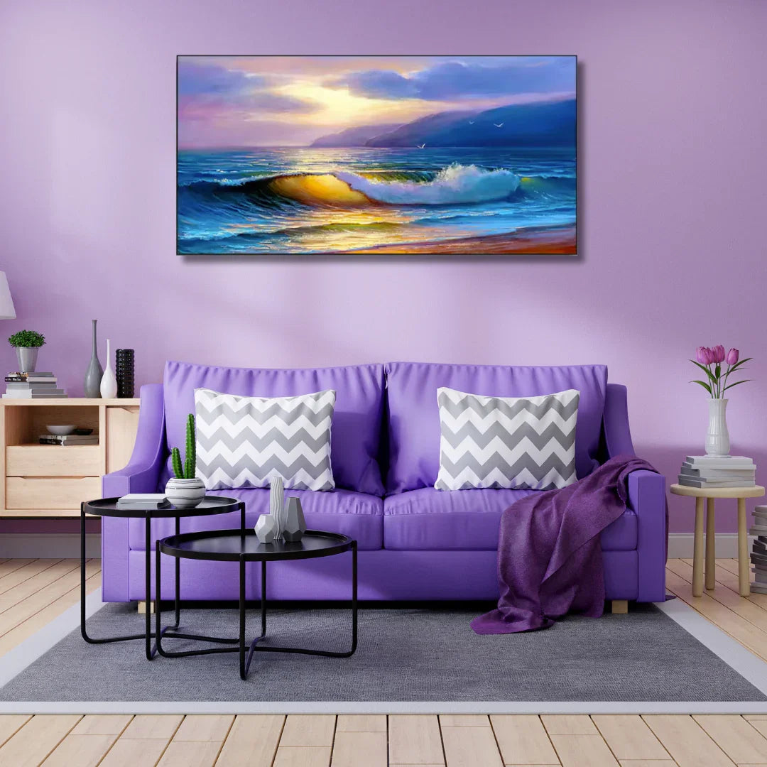 Purple living room with modern sofa, chevron pillows, ocean wave wall art, and artisan décor