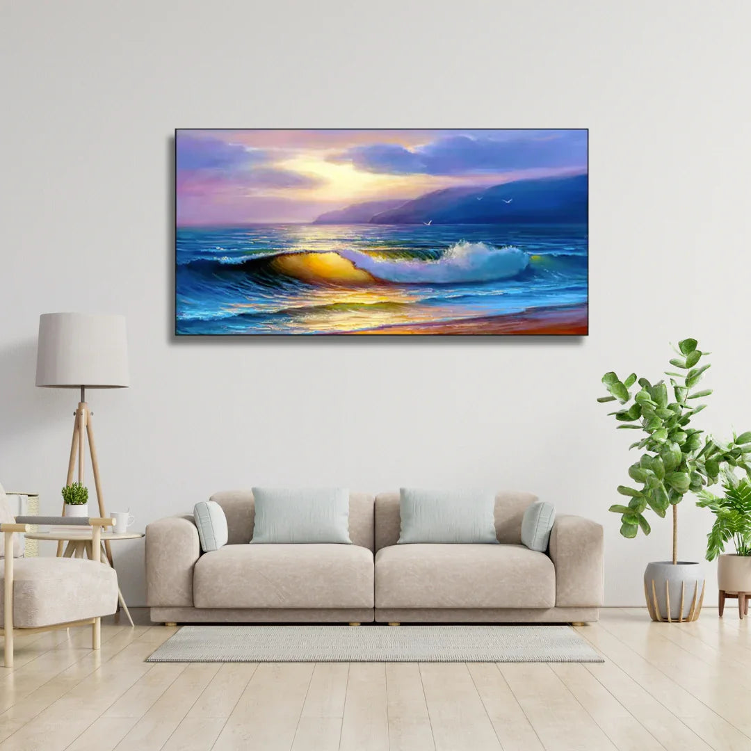 Modern living room with beige sofa, pastel cushions, large ocean wave wall art, and indoor plants