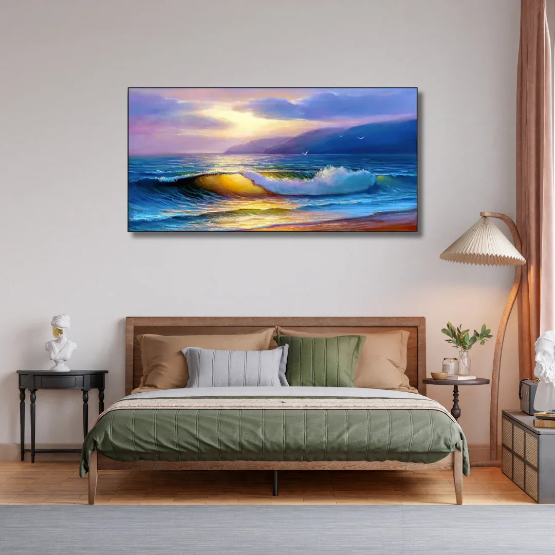 Modern bedroom with wooden bed, neutral decor, and colorful ocean wave artwork above the headboard.