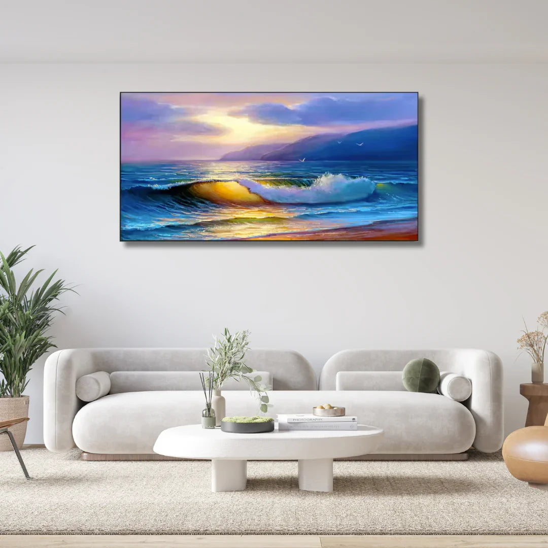 Modern living room with white sofas and coffee table, featuring a vibrant seascape wall art above, artisan home decor from Fansee Australia.