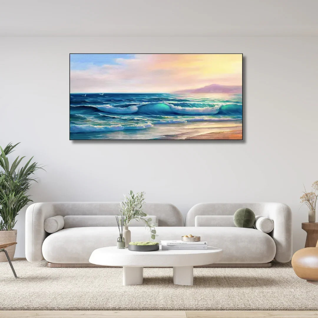 Modern living room with white sofas, coastal wall art, and artisan decor from Fansee Australia