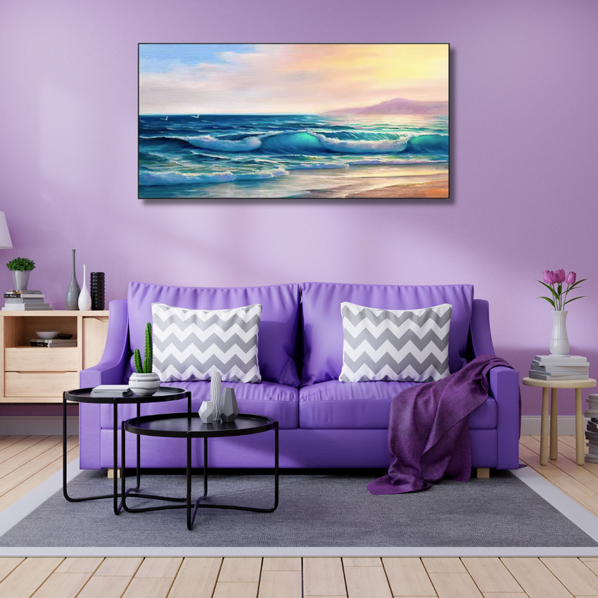 Modern living room with purple sofa, chevron pillows, and ocean wave wall art, artisan decor