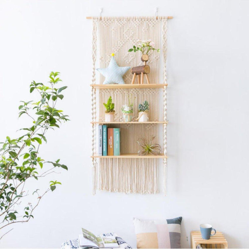 Tripel Plant Hanger Handmade Macrame Wooden Floating Shelf - Fansee Australia