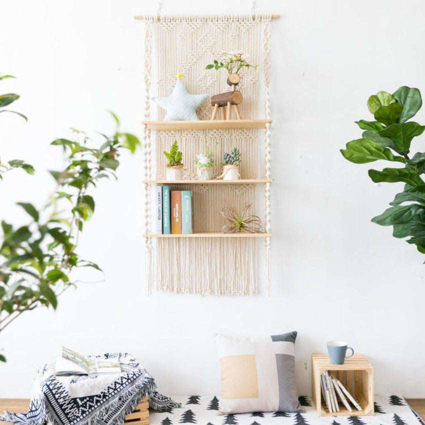 Tripel Plant Hanger Handmade Macrame Wooden Floating Shelf - Fansee Australia