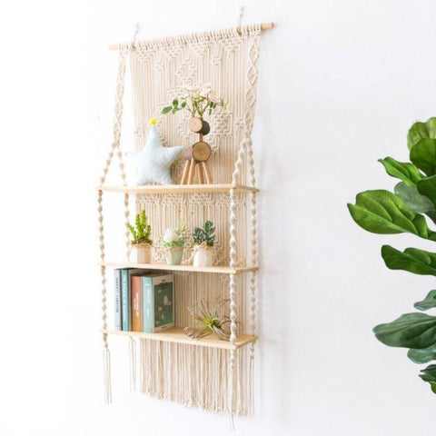 Tripel Plant Hanger Handmade Macrame Wooden Floating Shelf - Fansee Australia