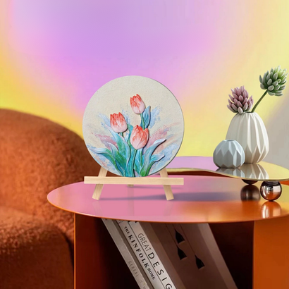 Artisan tulip floral decor plate on wooden stand, modern living room, Fansee Australia home decor