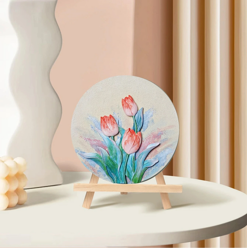 Round artisan tulip wall art on mini wooden easel, modern decor by Fansee Australia