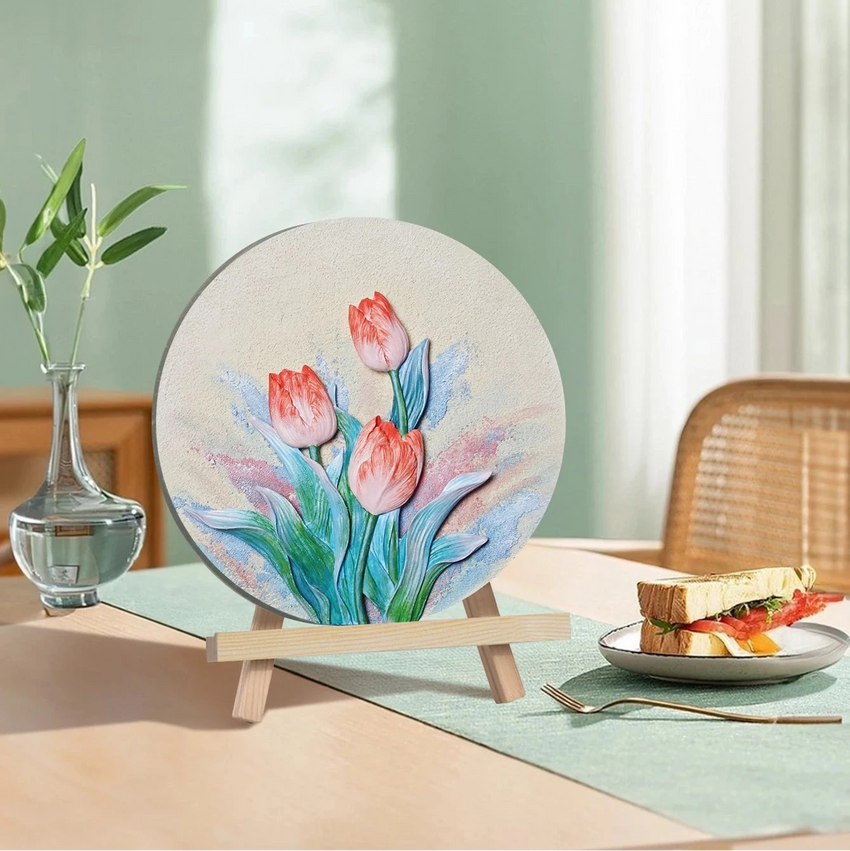 Artisan round tulip wall art on wooden easel, decorative tableware from Fansee Australia
