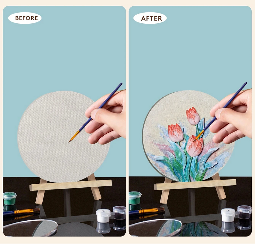 Before and after painting on round canvas, hand painting pink tulips, Fansee Australia decor