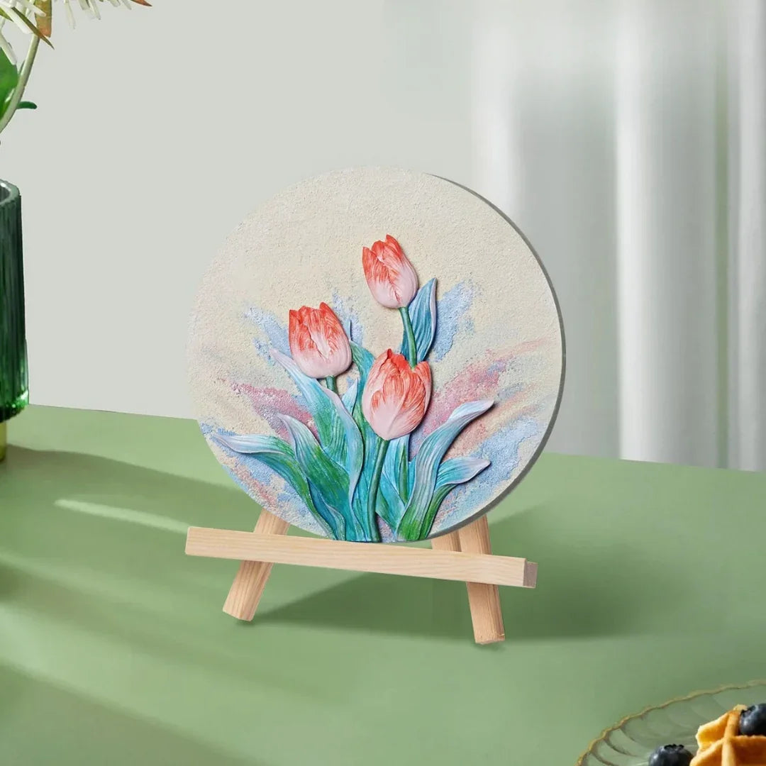 Handcrafted round tulip art decor on wooden stand, artisan home decor from Fansee Australia