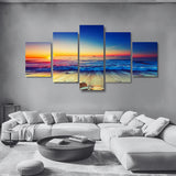 Modern living room with grey sofa and multi-panel ocean sunset wall art, Fansee Australia decor