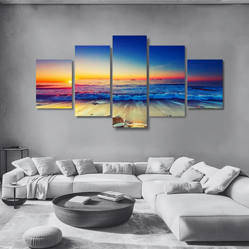 Modern living room with grey sofa and multi-panel ocean sunset wall art, Fansee Australia decor