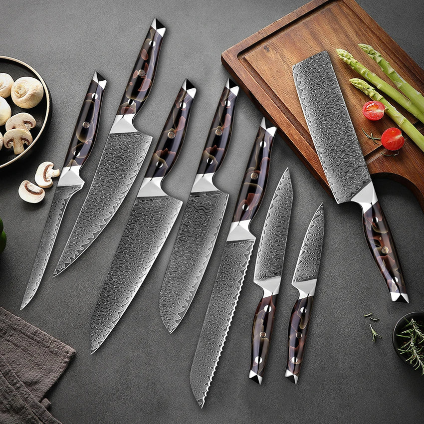 8 Pcs VG10 Steel Core Japanese Damascus Kitchen Knife Set